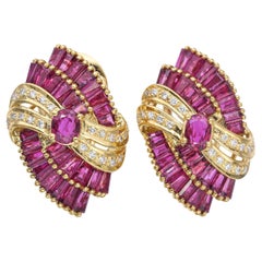 Vintage 18k Yellow Gold 6.78tcw Ruby and Diamond Earrings