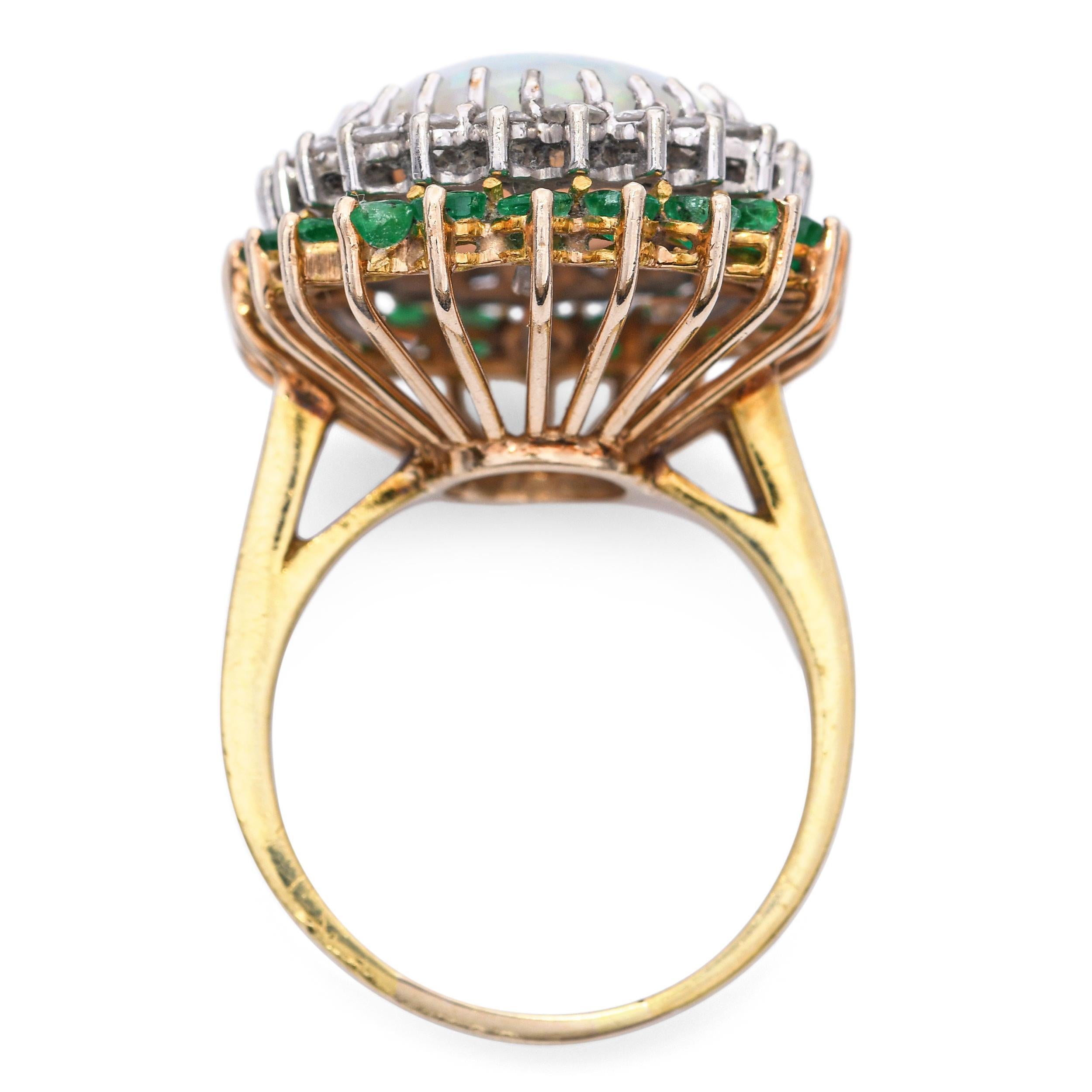 Women's Vintage 18k Yellow Gold 9.35ct Australian Opal Diamond and Emerald Ring For Sale