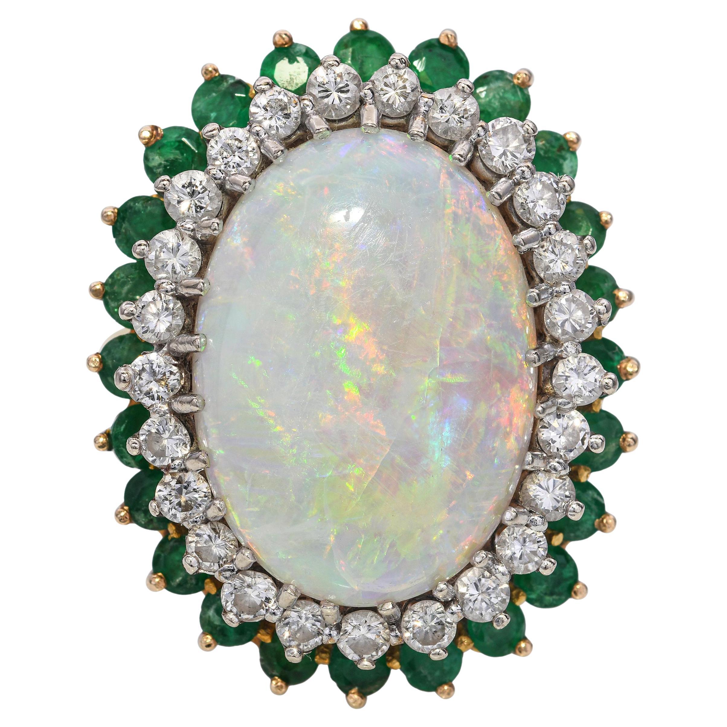 Vintage 18k Yellow Gold 9.35ct Australian Opal Diamond and Emerald Ring For Sale