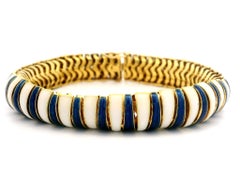 Vintage 18k Yellow Gold Alternated Blue & White Enamel Domed Snake Link Bracelet