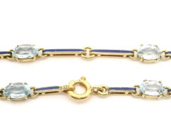 Vintage 18k Yellow Gold Alternating Aquamarine & Blue Enamel Bar Link Bracelet