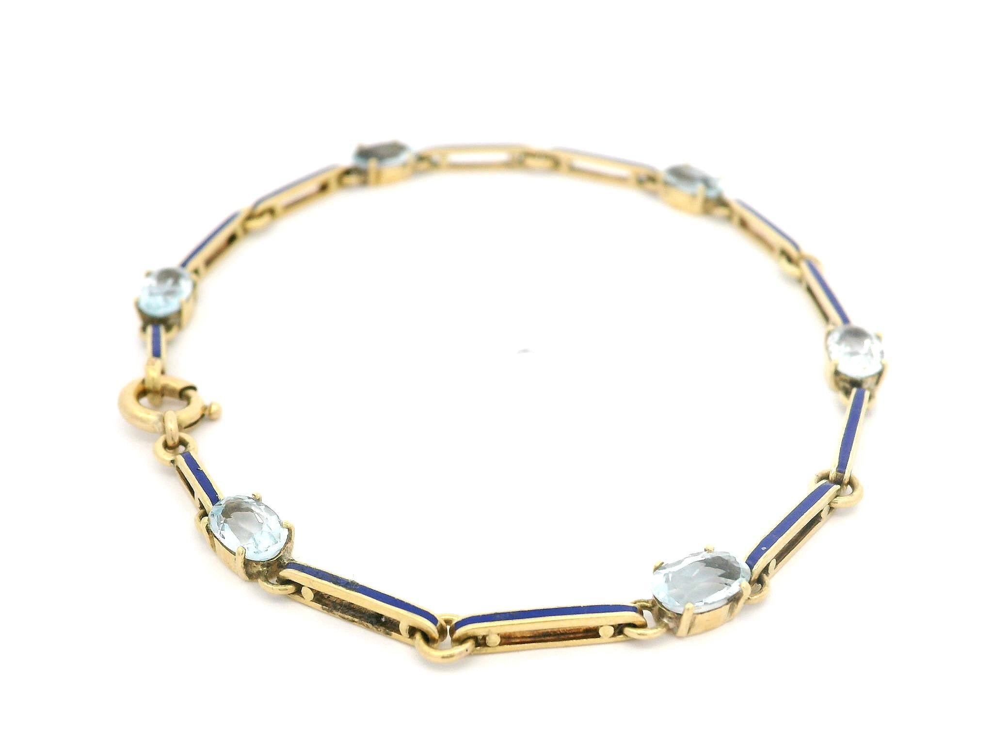 Oval Cut Vintage 18k Yellow Gold Alternating Aquamarine & Blue Enamel Bar Link Bracelet For Sale
