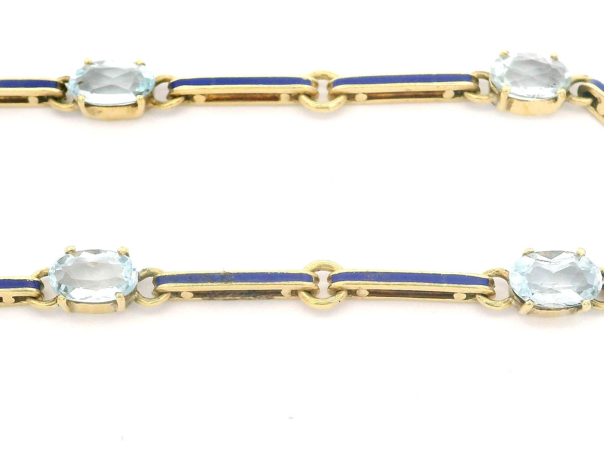 Vintage 18k Yellow Gold Alternating Aquamarine & Blue Enamel Bar Link Bracelet In Excellent Condition For Sale In Montclair, NJ
