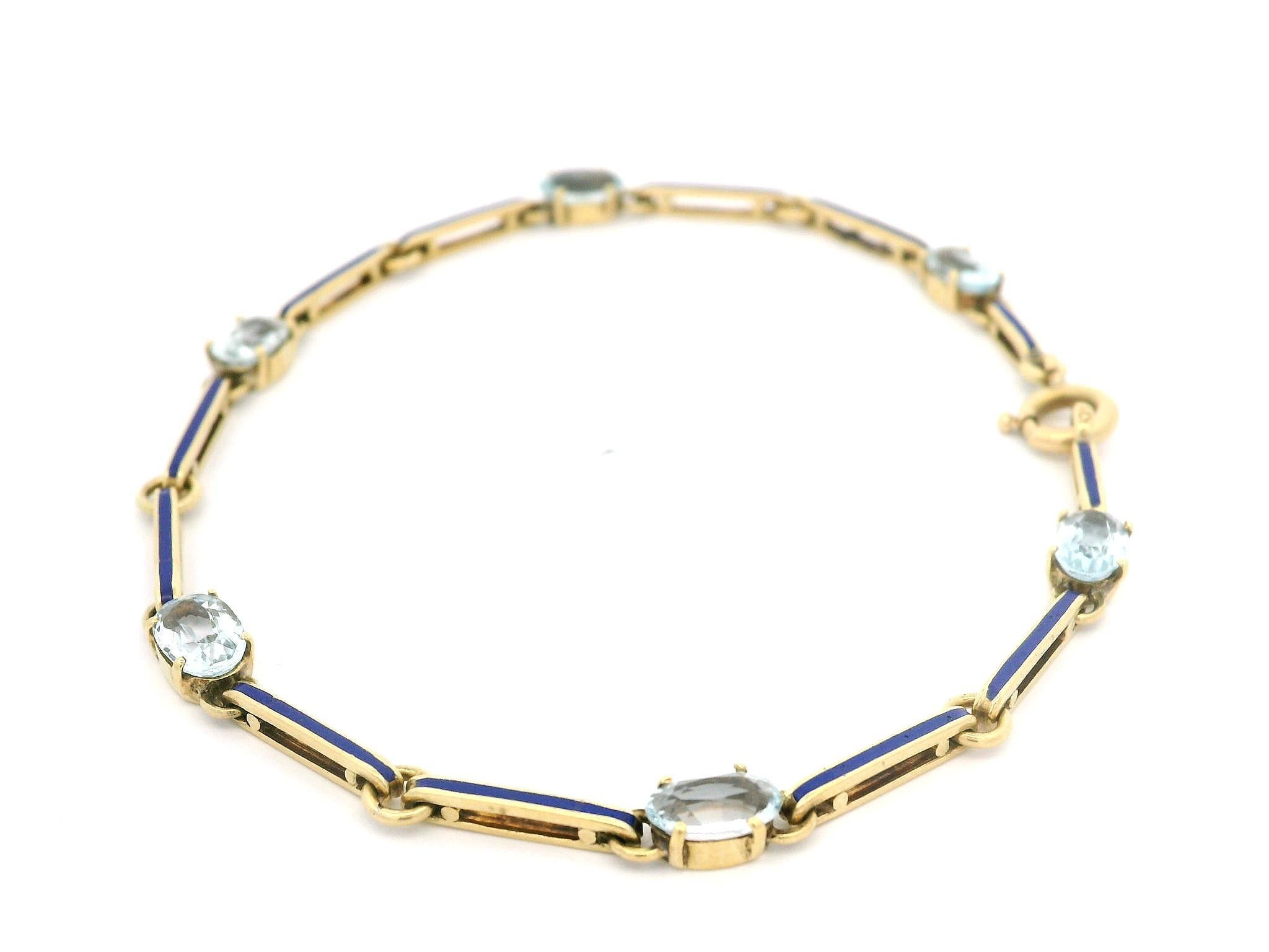 Women's Vintage 18k Yellow Gold Alternating Aquamarine & Blue Enamel Bar Link Bracelet For Sale