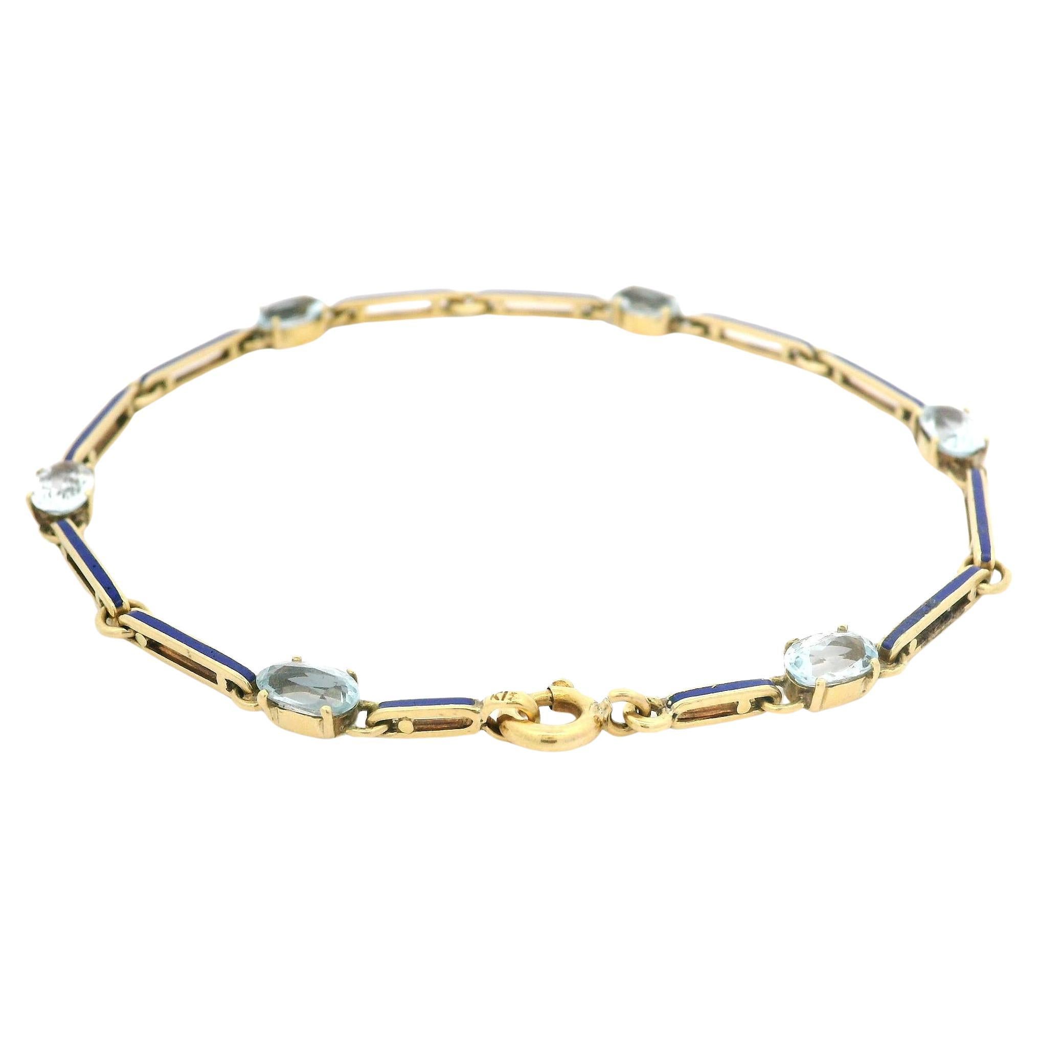 Vintage 18k Yellow Gold Alternating Aquamarine & Blue Enamel Bar Link Bracelet