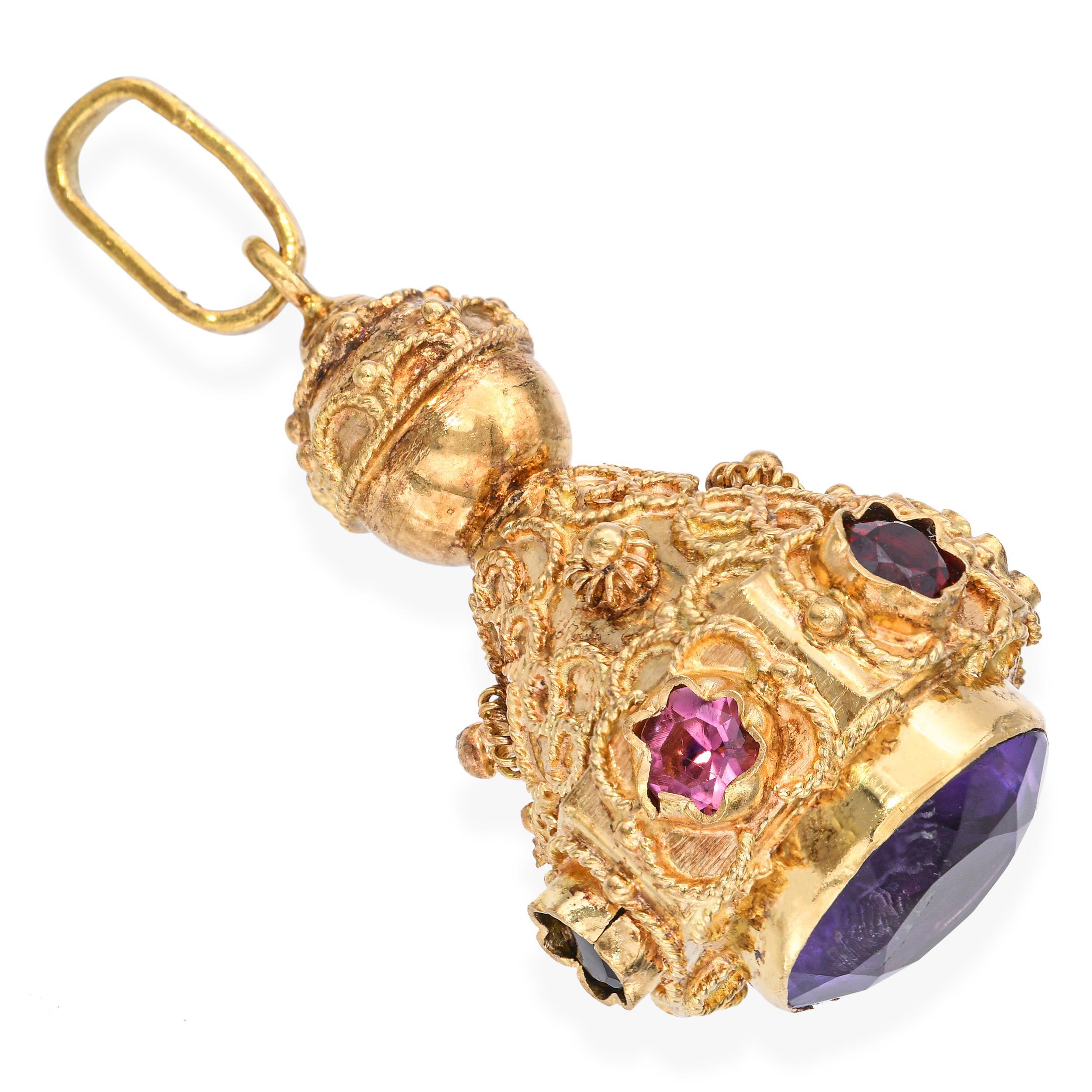 Pendentif breloque vintage en or jaune 18k avec améthyste et tourmaline Pour femmes en vente