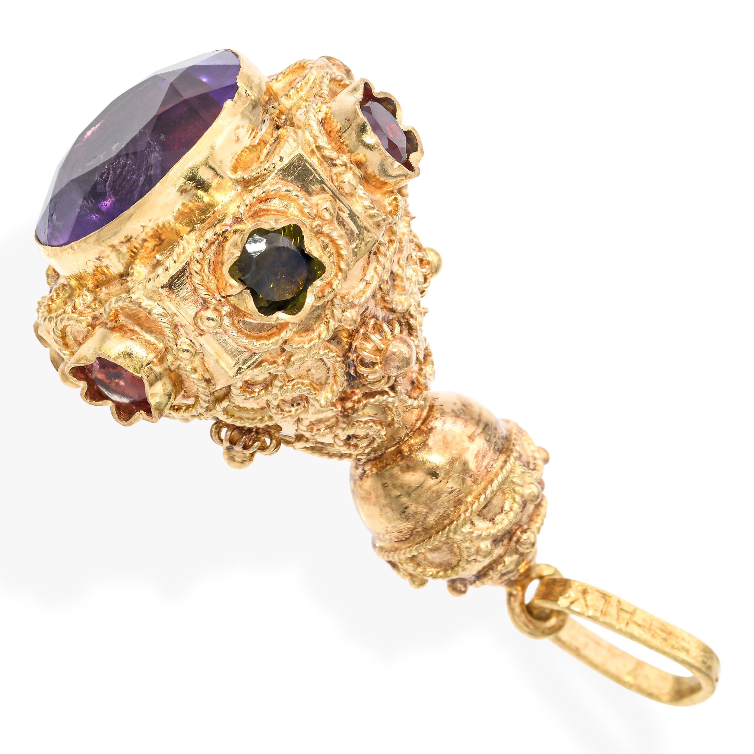 Pendentif breloque vintage en or jaune 18k avec améthyste et tourmaline en vente 1