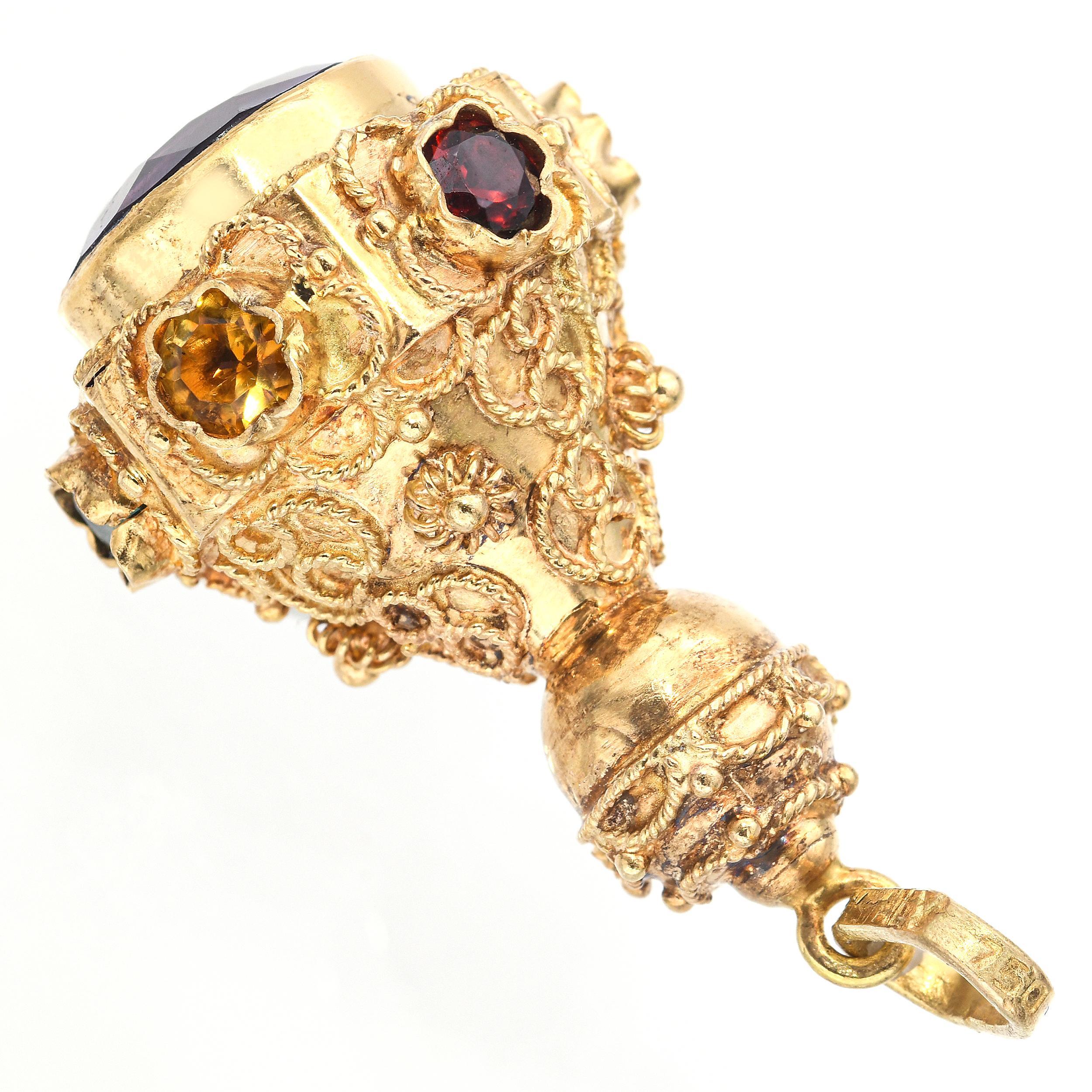 Pendentif breloque vintage en or jaune 18k avec améthyste et tourmaline en vente 2