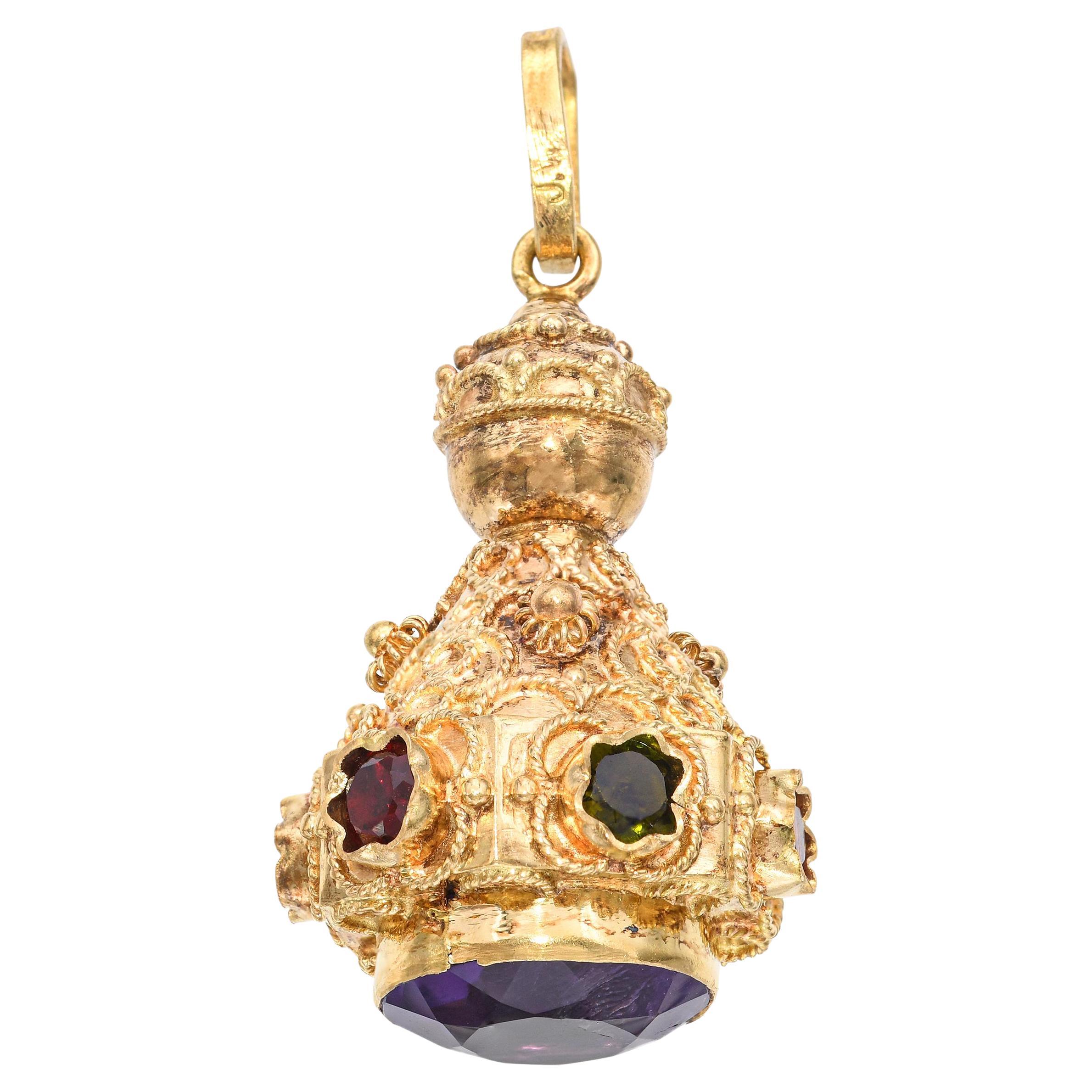 Pendentif breloque vintage en or jaune 18k avec améthyste et tourmaline