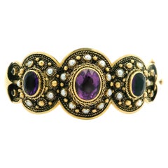 Vintage 18k Yellow Gold Amethyst & Pearl Wire Bead Work Hinged Bangle Bracelet