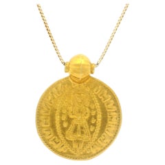 Vintage 18k Yellow Gold Ancient Coin Dainty Medallion Slide Pendant Box Chain