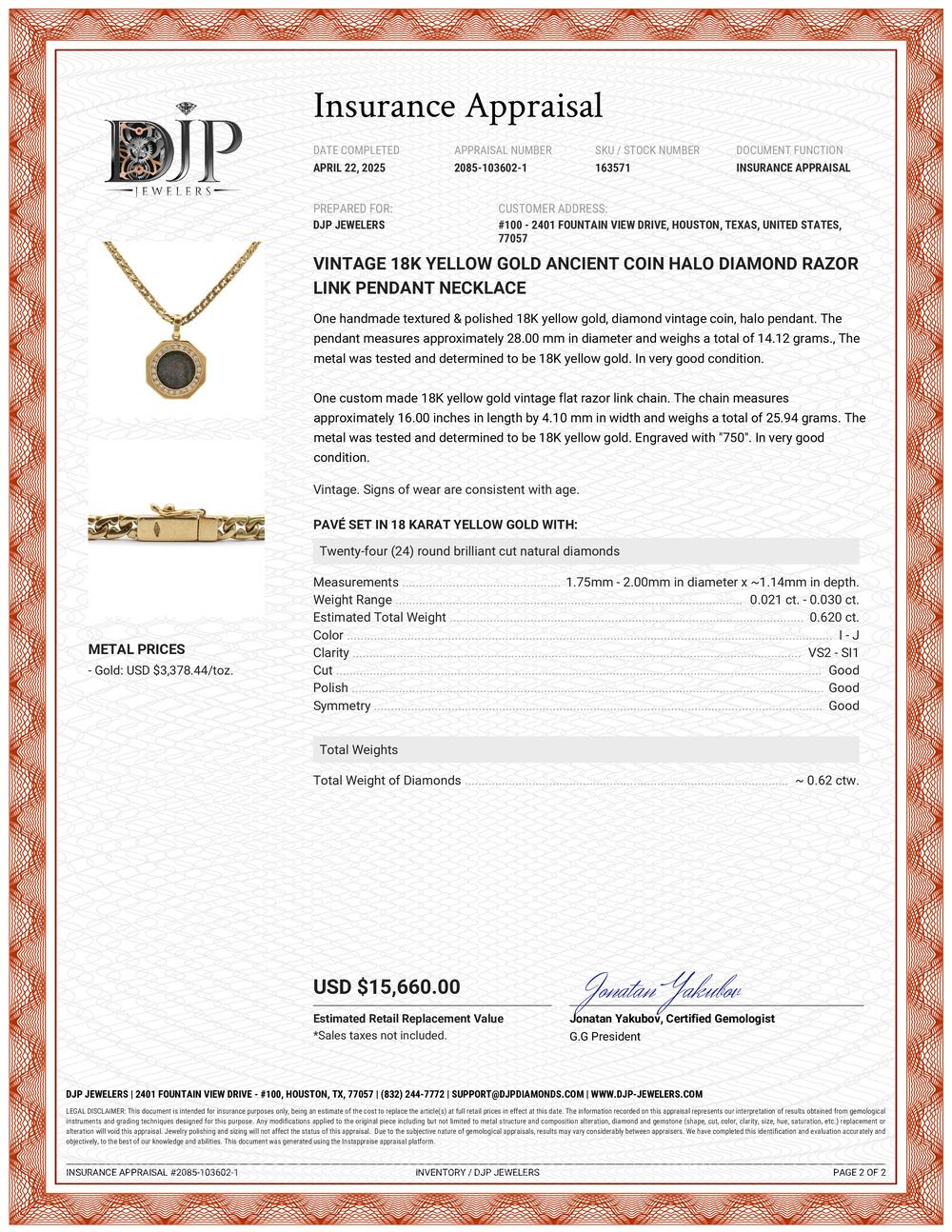 Vintage 18K Gelbgold Ancient Coin Halo Diamond Razor Link Anhänger Halskette im Angebot 4