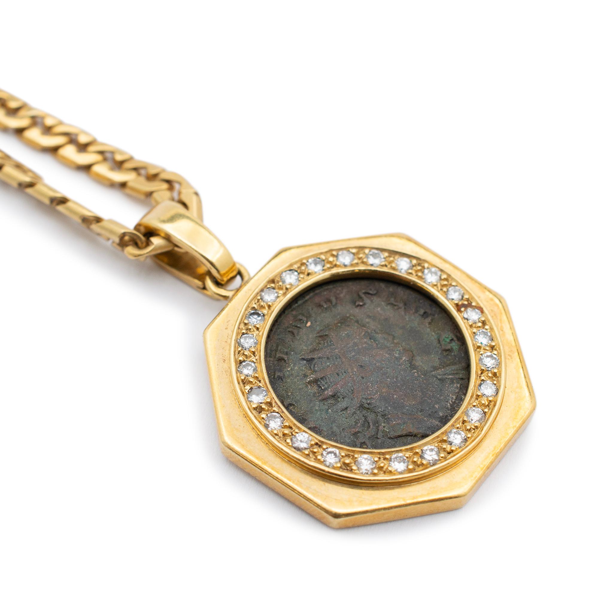 Geschlecht: Unisex

Metall Typ: 18K Gelbgold 

Kettenlänge: 16.00 Zoll

Kettenbreite: 4.10 mm

Durchmesser des Anhängers: 28.00 mm

Gewicht des Anhängers: 14,12 Gramm

Gewicht der Kette: 25.94 Gramm

18K Gelbgold Diamant Vintage-Münze,