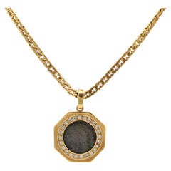 Collar Colgante Vintage 18K Oro Amarillo Moneda Antigua Halo Diamante Navaja Link