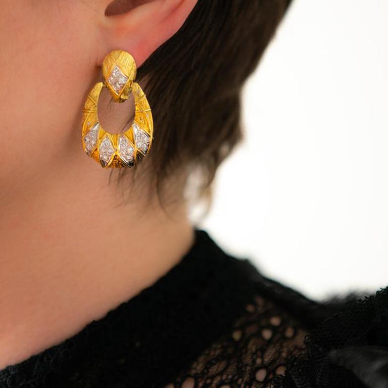Women's 18 Karat Yellow Gold and 2.0 Carat Diamond Door Knocker Earrings, circa 1980s For Sale