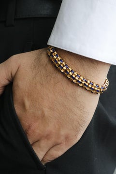 Vintage 18k Yellow Gold and Blue Enamel Basket Weave Link Bracelet 1960s