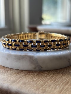 Vintage 18k Yellow Gold and Blue Enamel Basket Weave Link Bracelet 1960s