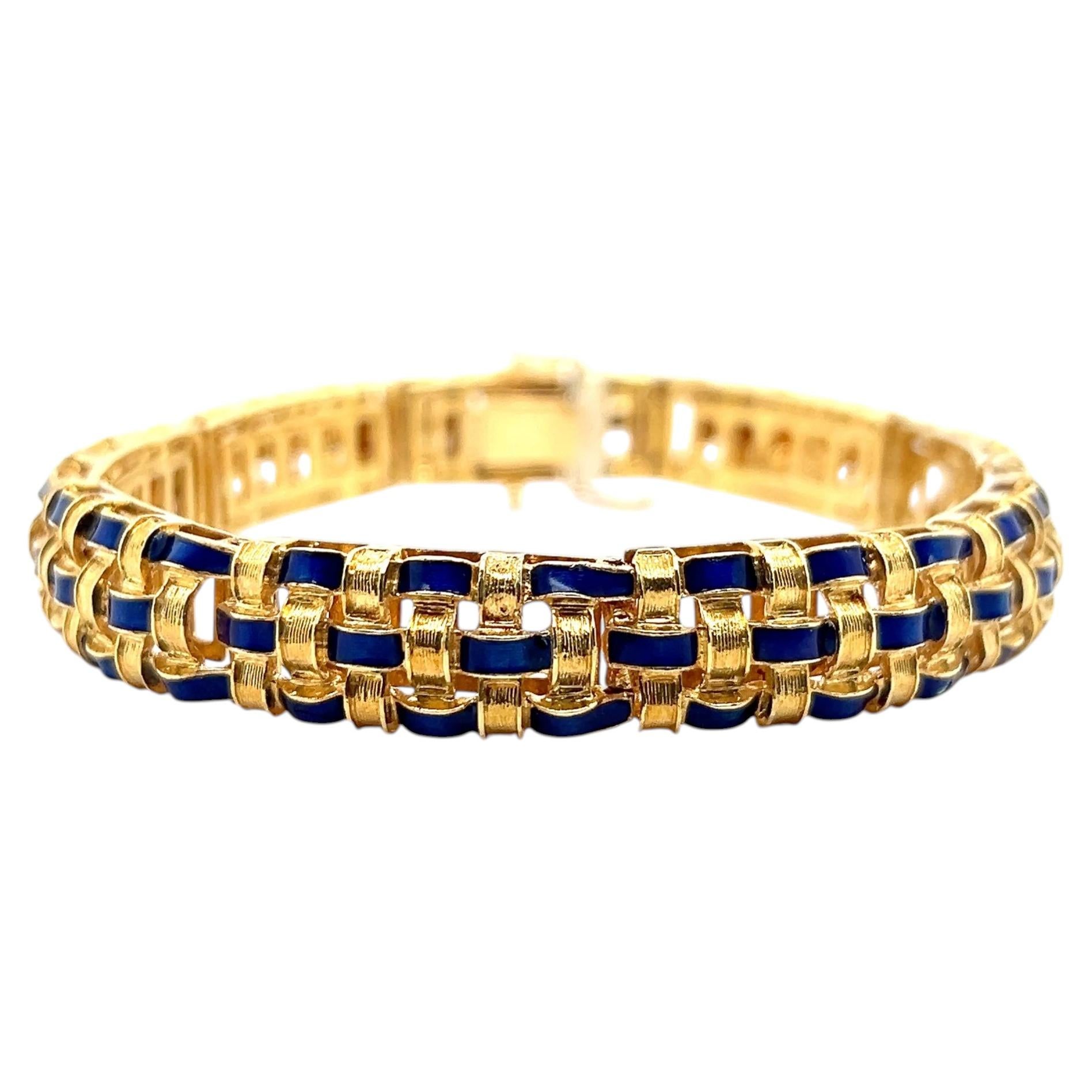 Vintage 18k Yellow Gold and Blue Enamel Basket Weave Link Bracelet 1960s