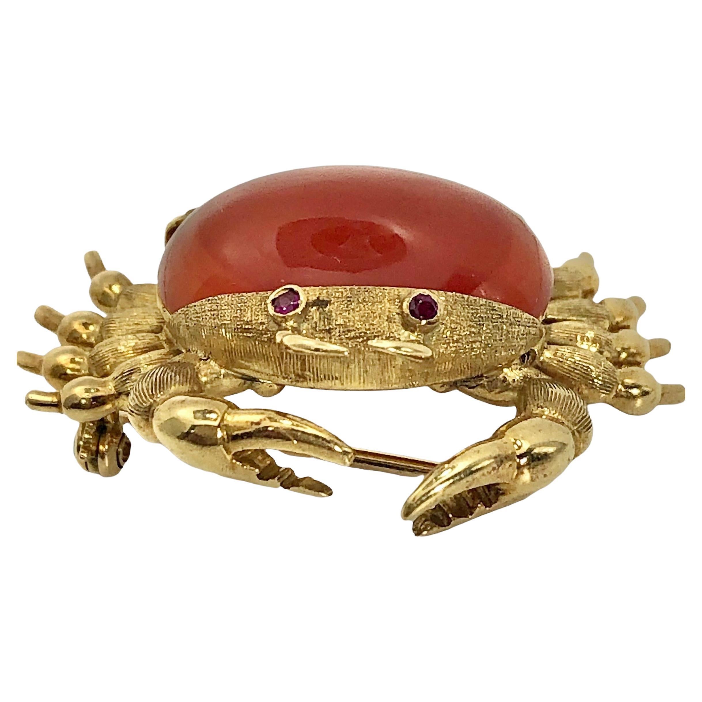 Vintage 18K Yellow Gold and Carnelian Italian Crab Brooch