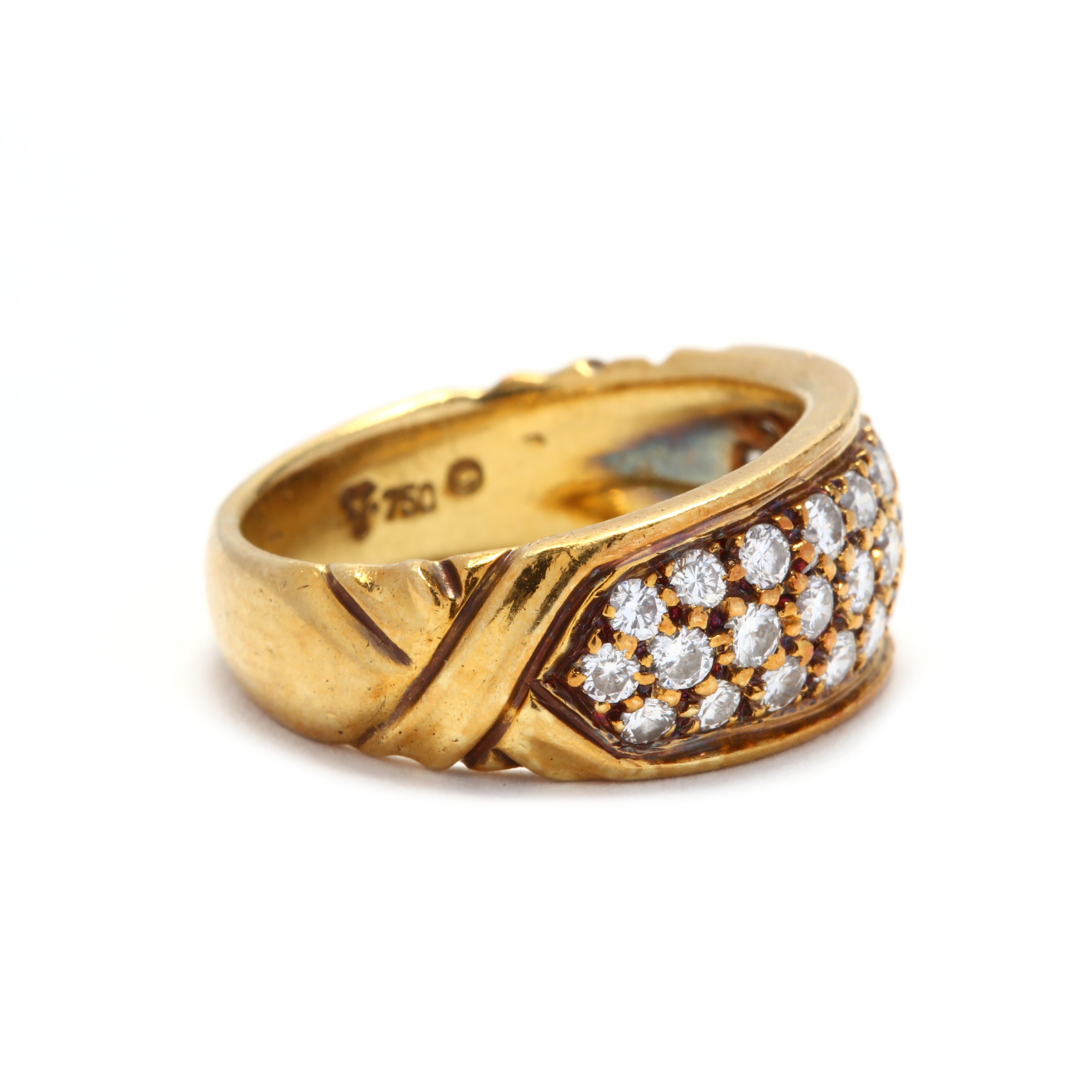 Vintage 18 karat yellow gold and diamond band. A slightly tapered band with three rows of pavé set, full cut round diamonds weighing approximately .81 total carat and with a crisscross motif on the shank.

Stones:
- diamonds, 31 stones
- full cut