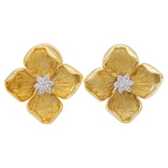 Vintage 18K Yellow Gold and Diamond Dogwood flower Clip Earrings