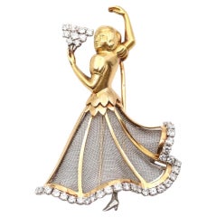 Vintage 18K Yellow Gold and Diamond Flamenco Dancer Brooch Boxed, Circa 1940
