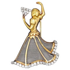 Vintage 18K Yellow Gold and Diamond Flamenco Dancer Brooch Boxed, Circa 1940