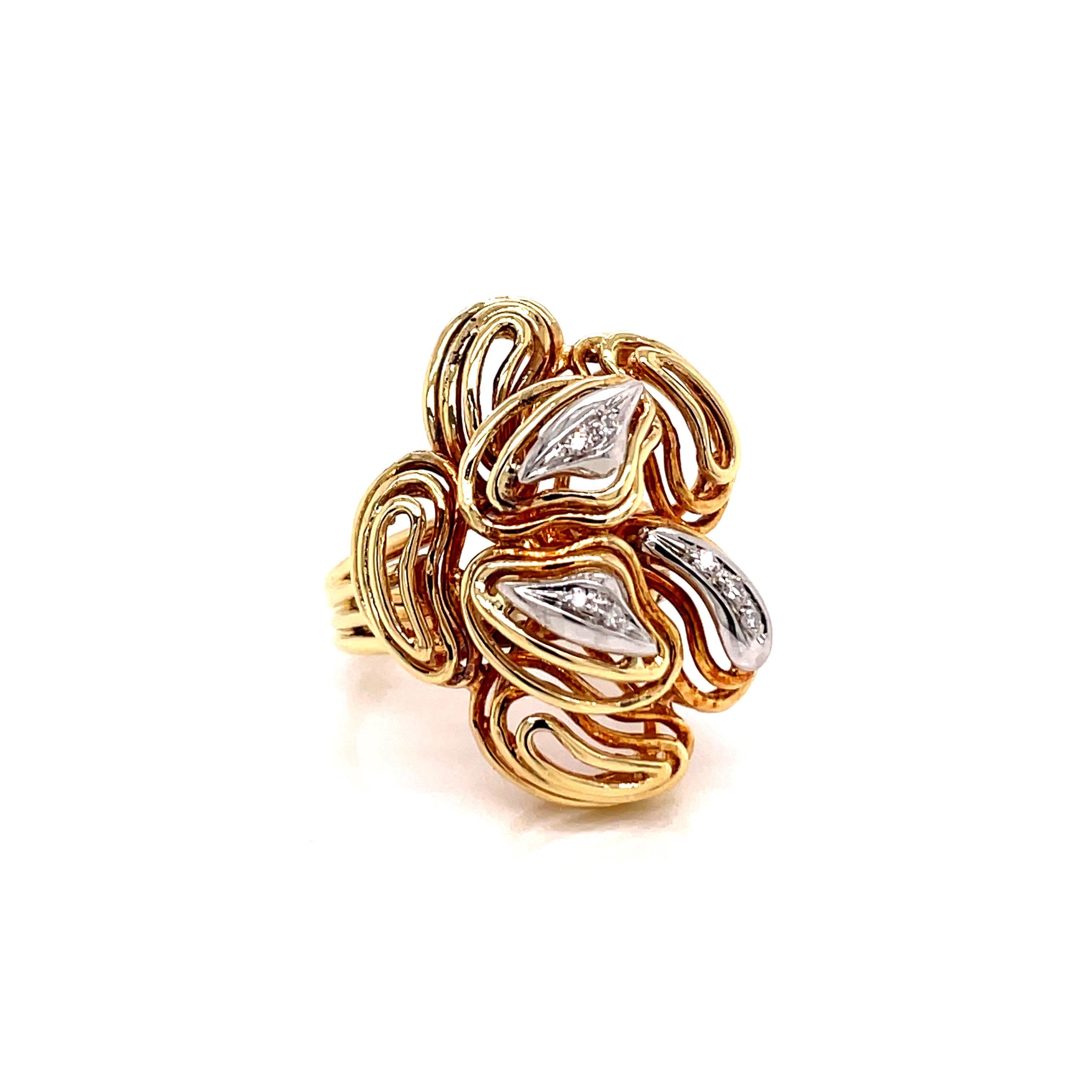 Vintage 18K Yellow Gold and Diamond Paisley Ring - The ring is set with 7 single cut diamonds in white gold weighing approximately .07ct with H color and VS clarity. The ring is stamped 18K and Italy. The top of the ring measures about 34mm long and