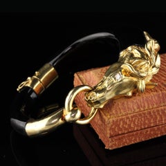 Vintage 18 Karat Yellow Gold and Onyx Diamond Horse Bangle
