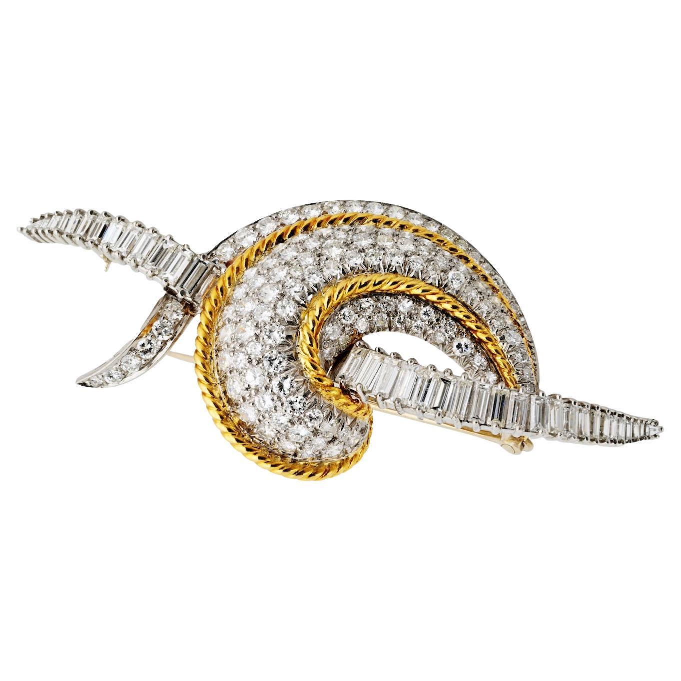 Vintage 18K Yellow Gold And Platinum Diamond Brooch Circa 1970's
