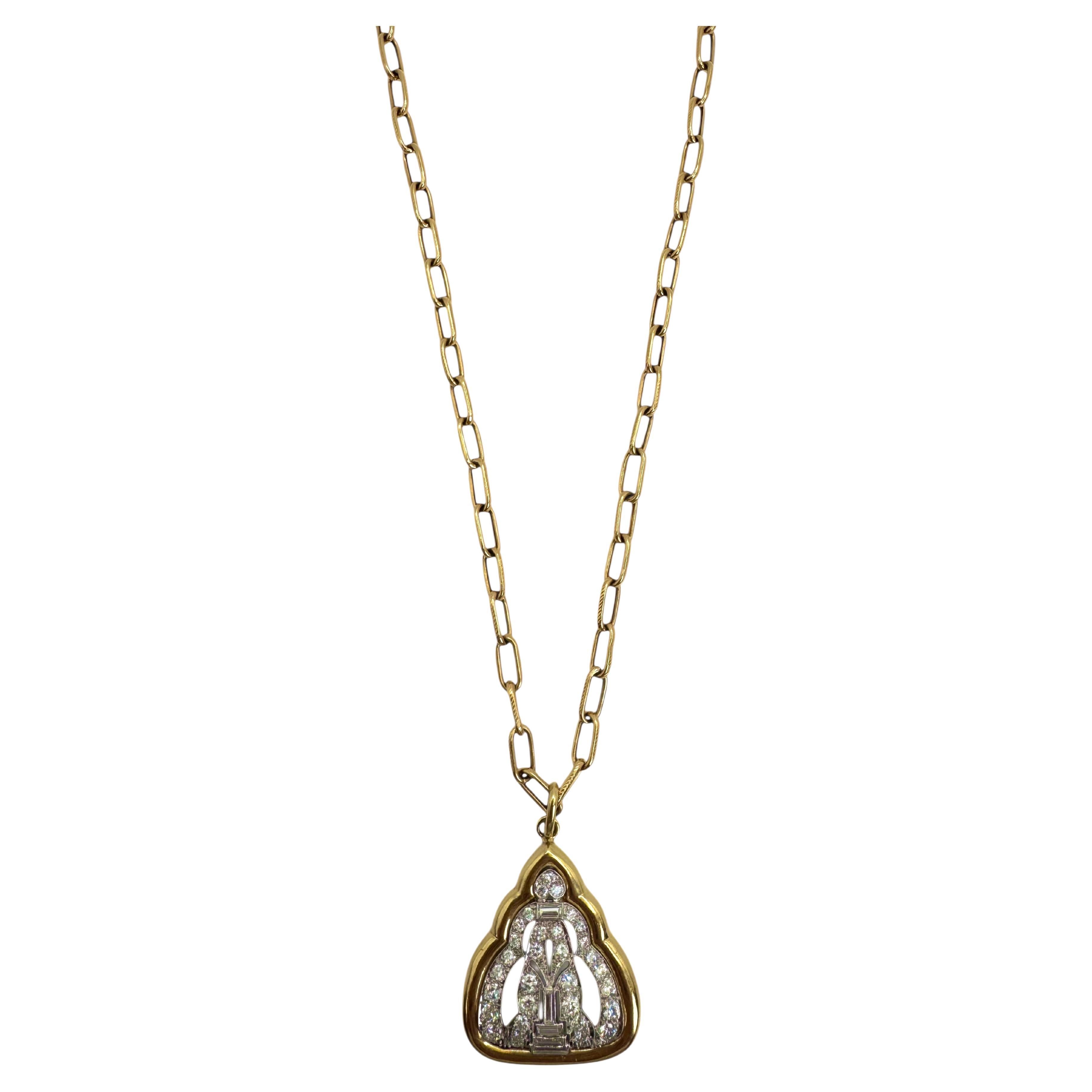 Collier pendentif vintage en or jaune 18K et platine avec diamants