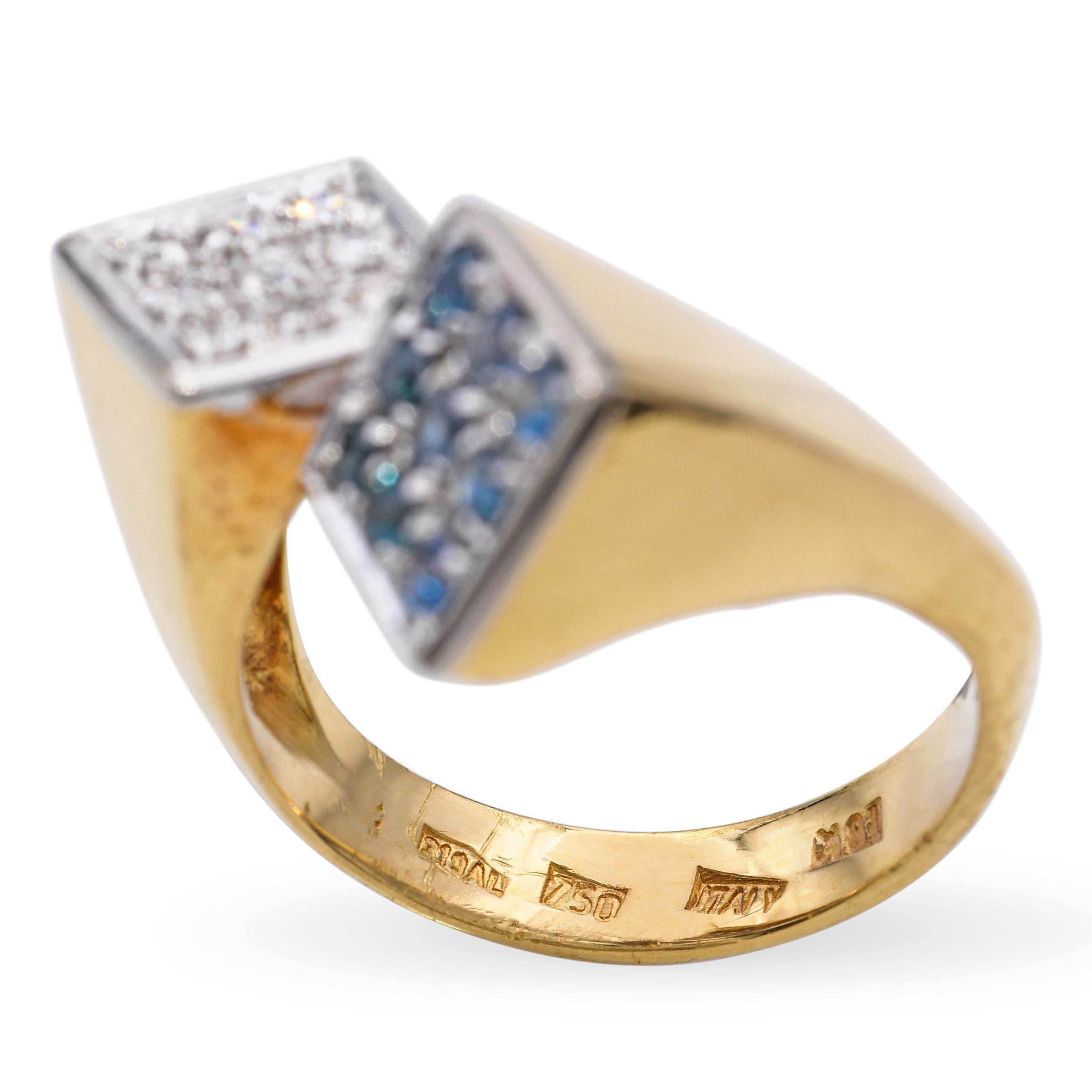 Bague bypass vintage en or jaune 18k et platine, saphir et diamant Bon état - En vente à New York, NY