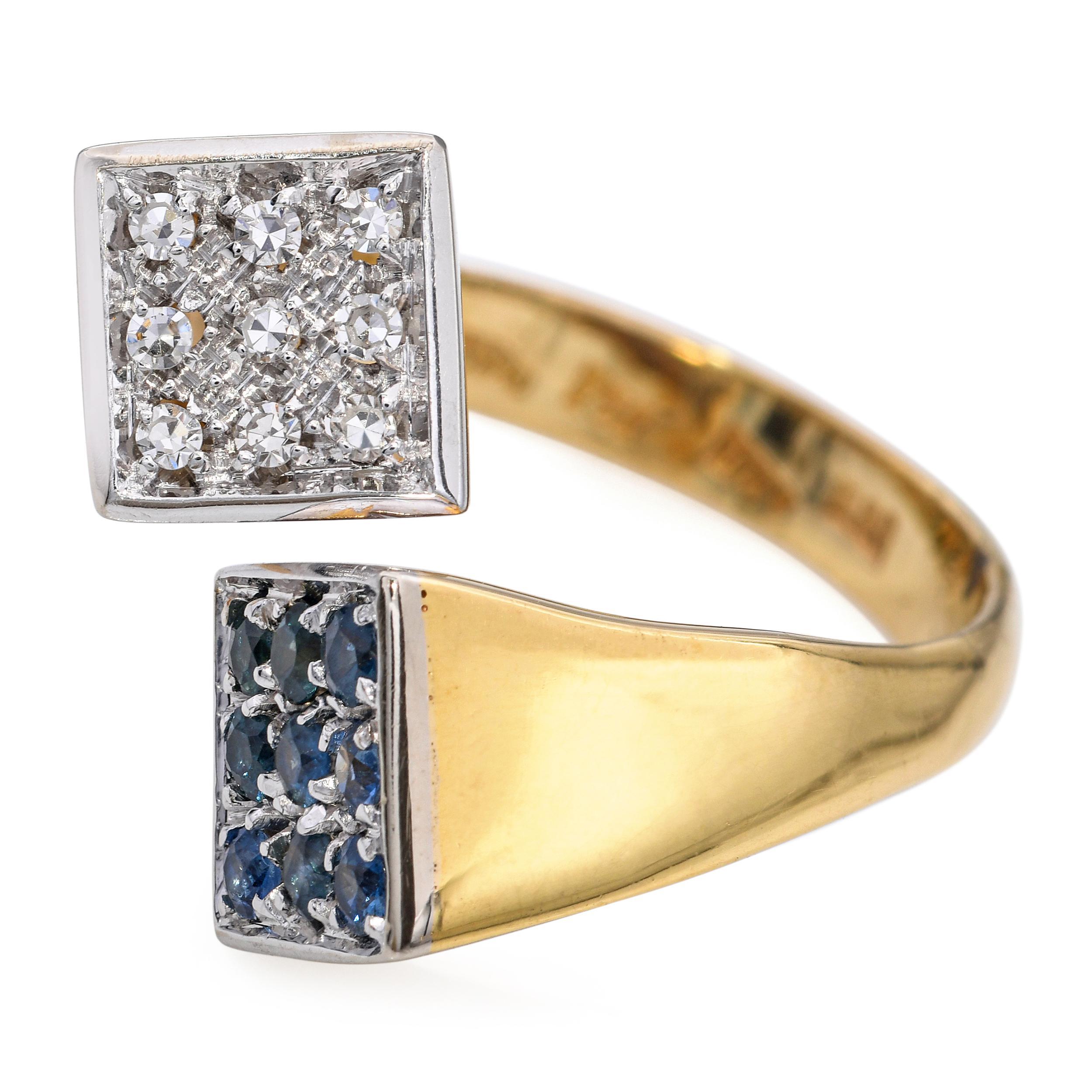 Bague bypass vintage en or jaune 18k et platine, saphir et diamant Pour femmes en vente
