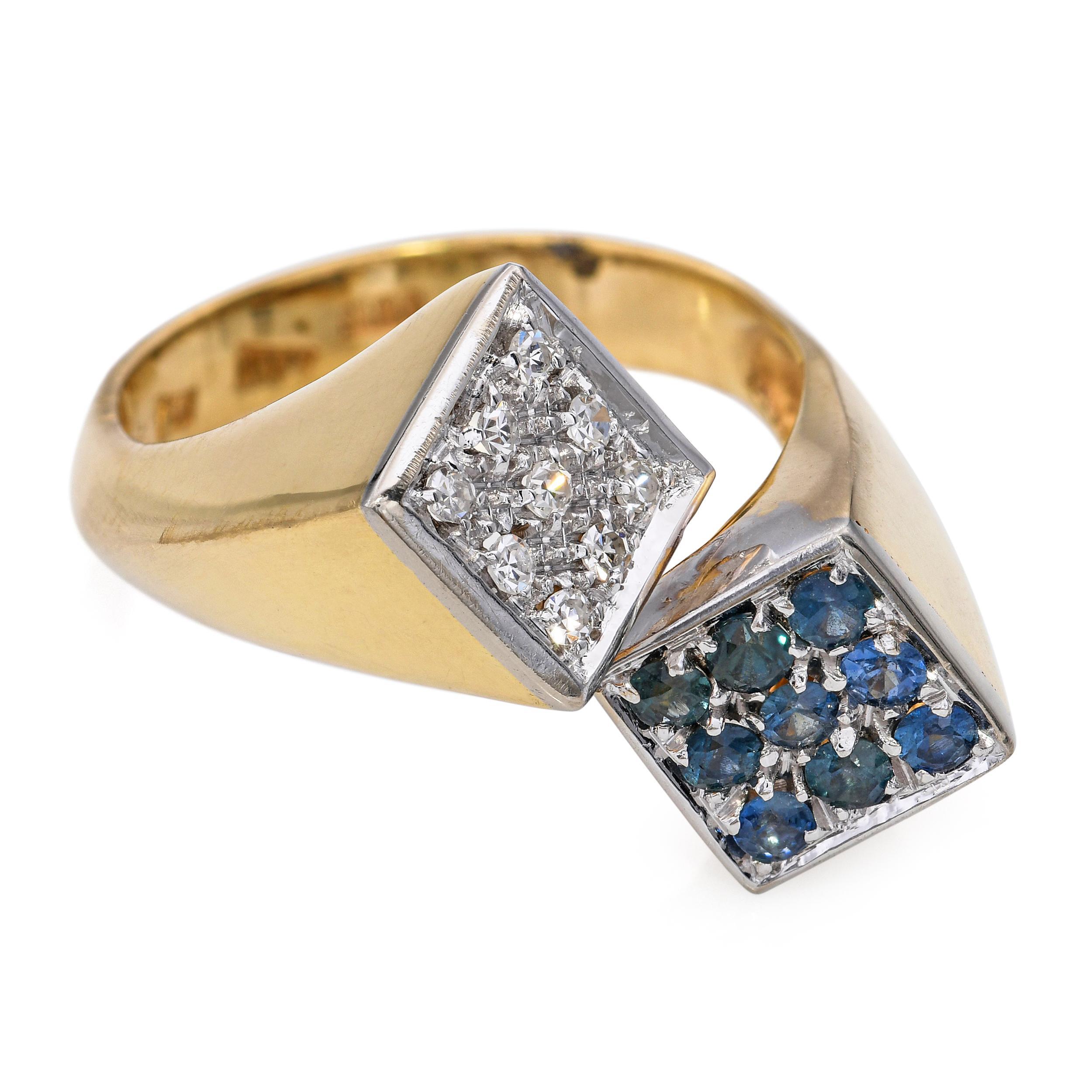 Bague bypass vintage en or jaune 18k et platine, saphir et diamant en vente 2