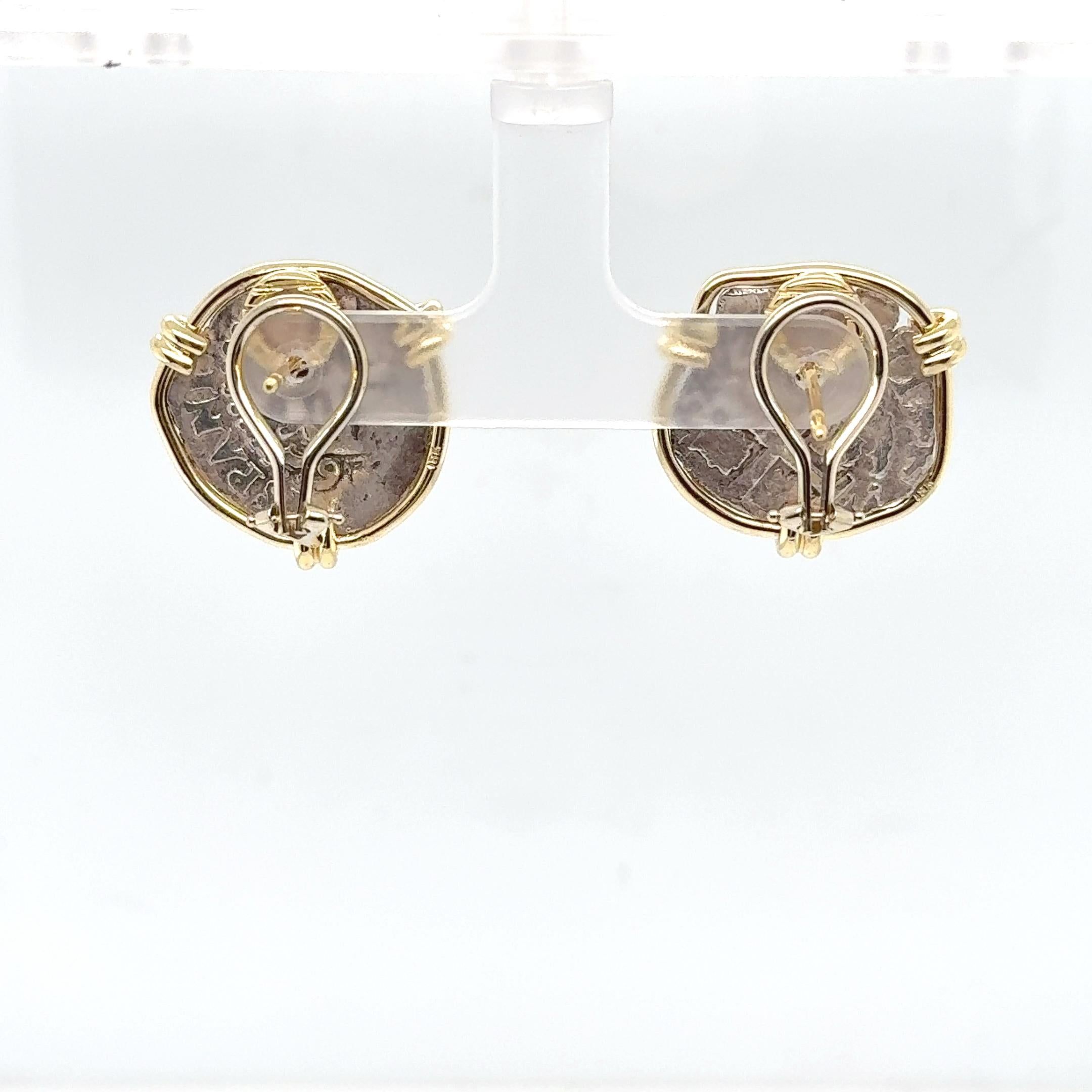 Vintage 18K Yellow Gold and Sterling Silver Ancient Coin Drop Earrings with Omeg In Good Condition For Sale In Coral Gables, FL