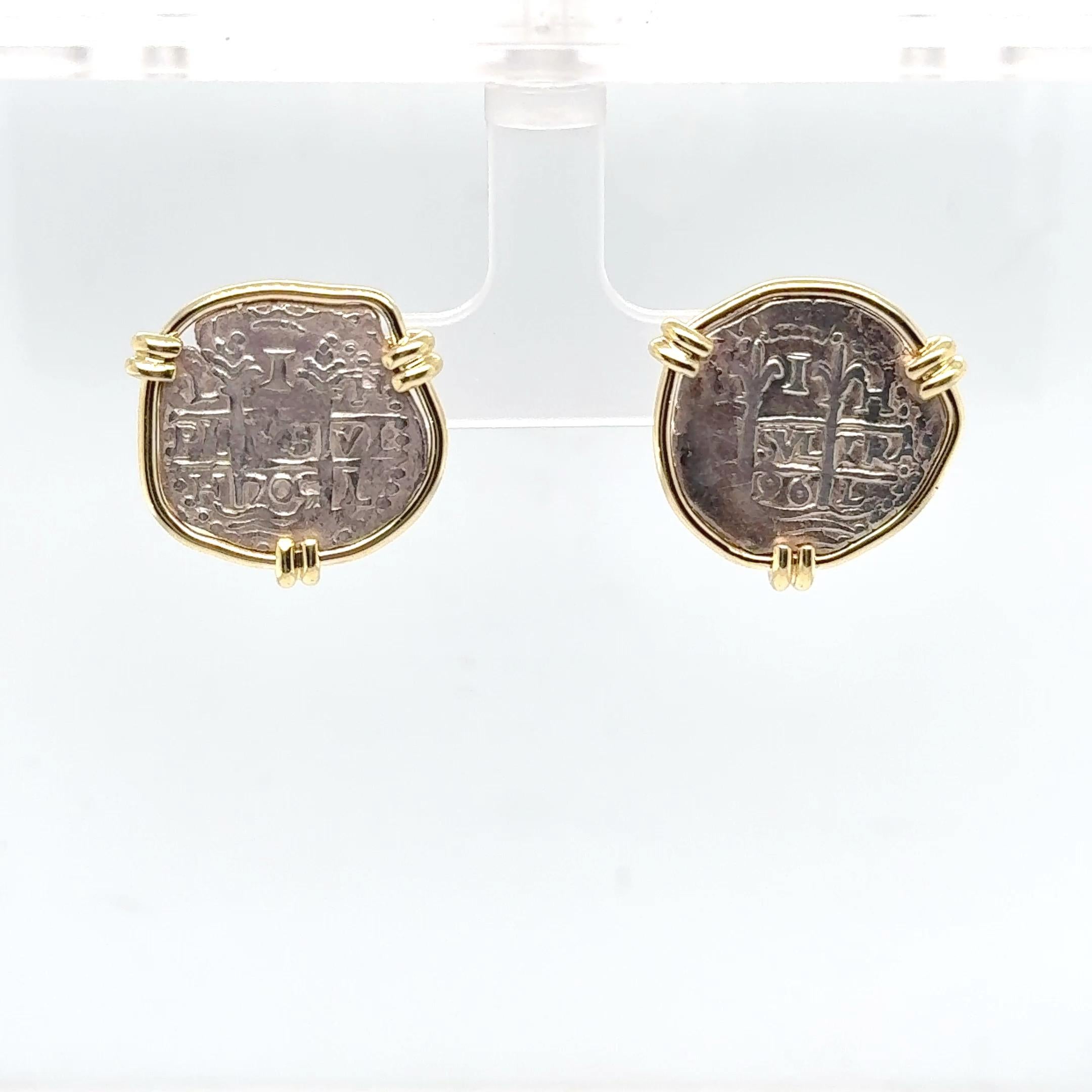 Vintage 18K Yellow Gold and Sterling Silver Ancient Coin Drop Earrings with Omeg For Sale 1
