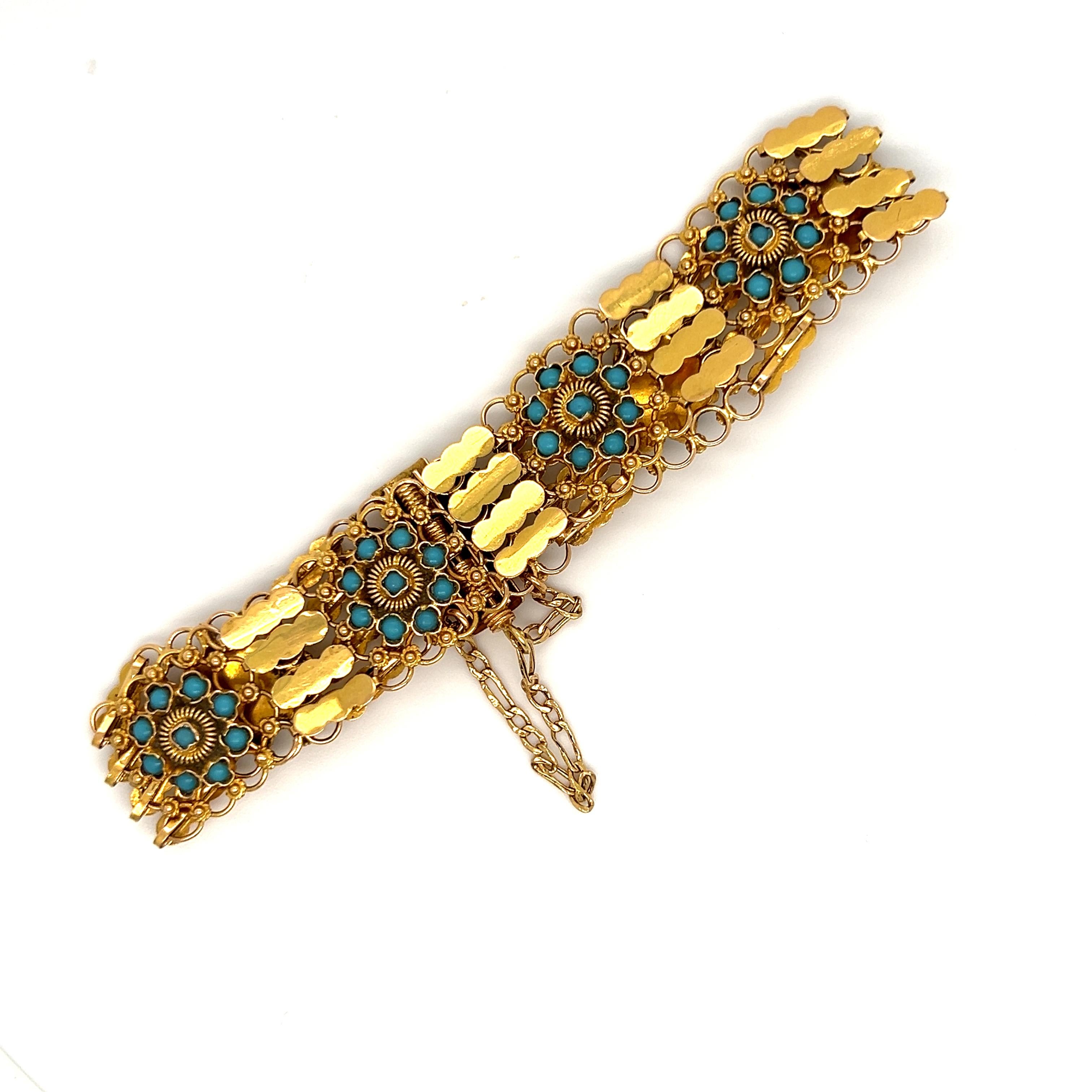 Bead Vintage 18K Yellow Gold and Turquoise Bracelet. For Sale