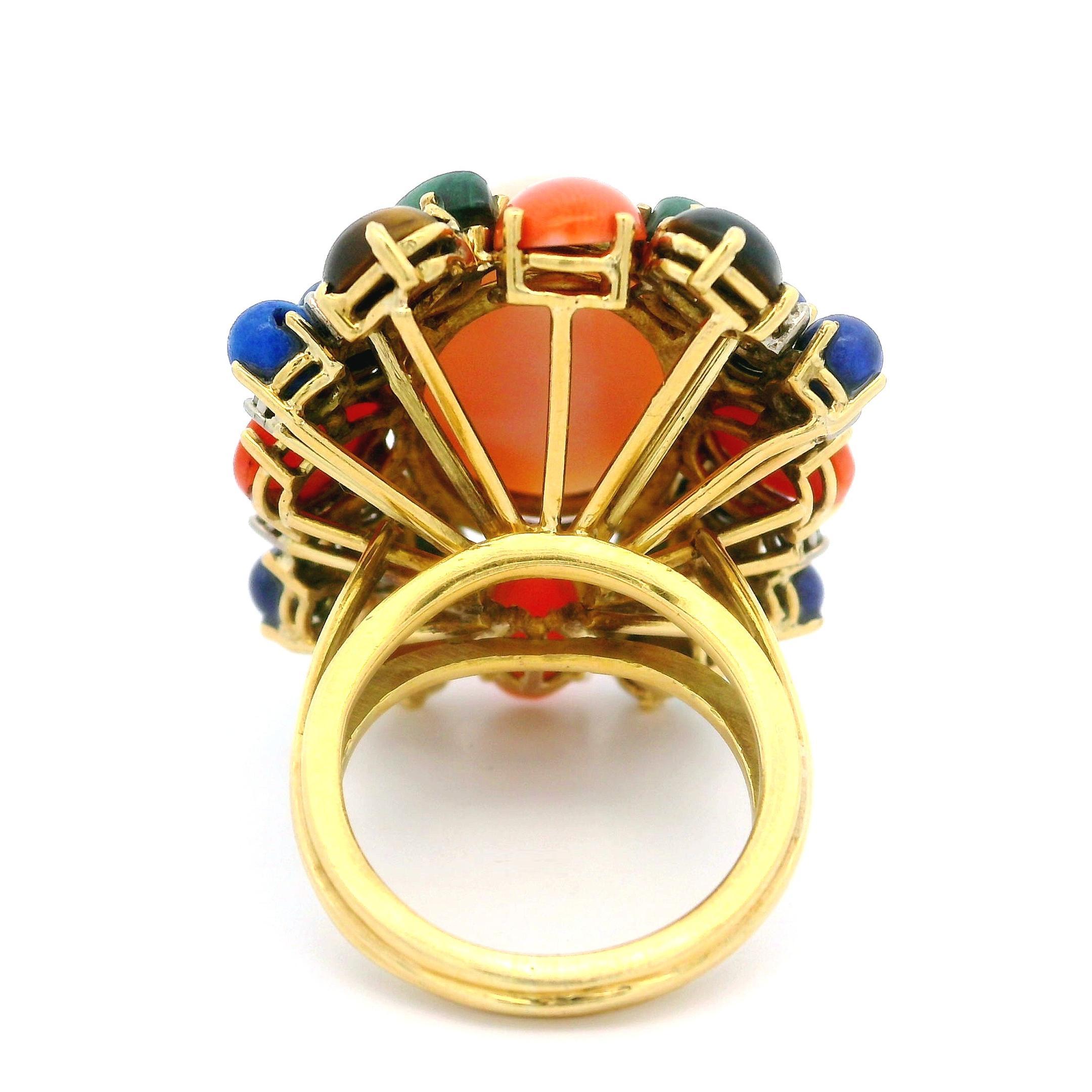 –Stone(s)–
(1) Natural Genuine Coral - Oval Cabochon - Prong Set - Mottled Pink Angle Skin Color  - 20.15 x 15.32mm (approx.)
(8) Natural Genuine Diamonds - Old Single Cut - Prong Set - White Color - 0.50ctw (approx.)
(8) Natural Genuine Lapis -