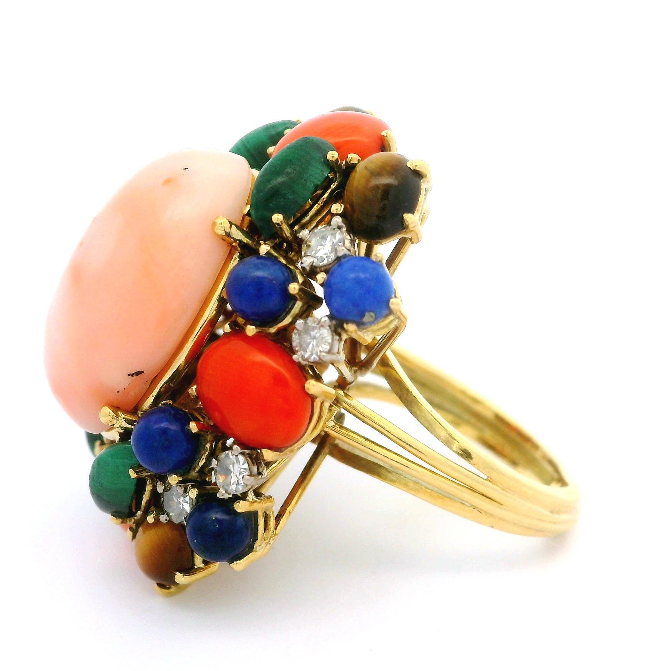 Cabochon Vintage 18k Yellow Gold Angel Skin Coral Multi Stone Cluster Cocktail Ring For Sale