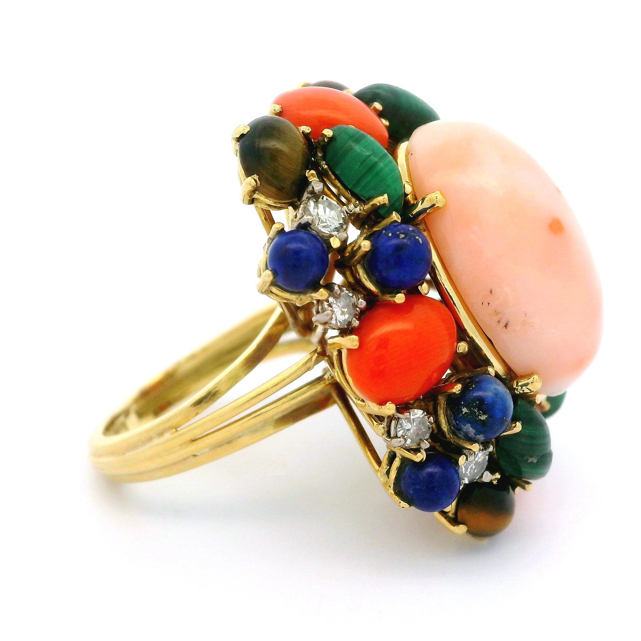 Women's Vintage 18k Yellow Gold Angel Skin Coral Multi Stone Cluster Cocktail Ring For Sale