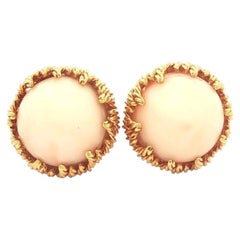 Vintage 18k Yellow Gold Angel Skin Coral Twisted Wire Cupped Clip On Earrings