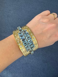 Vintage 18K Yellow Gold Aquamarine and Diamond Wide Cuff Bracelet