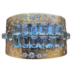 Vintage 18K Yellow Gold Aquamarine and Diamond Wide Cuff Bracelet