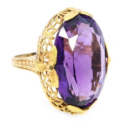 Vintage 18k Yellow Gold Art Deco 29.5ct Amethyst Filigree Cocktail Ring