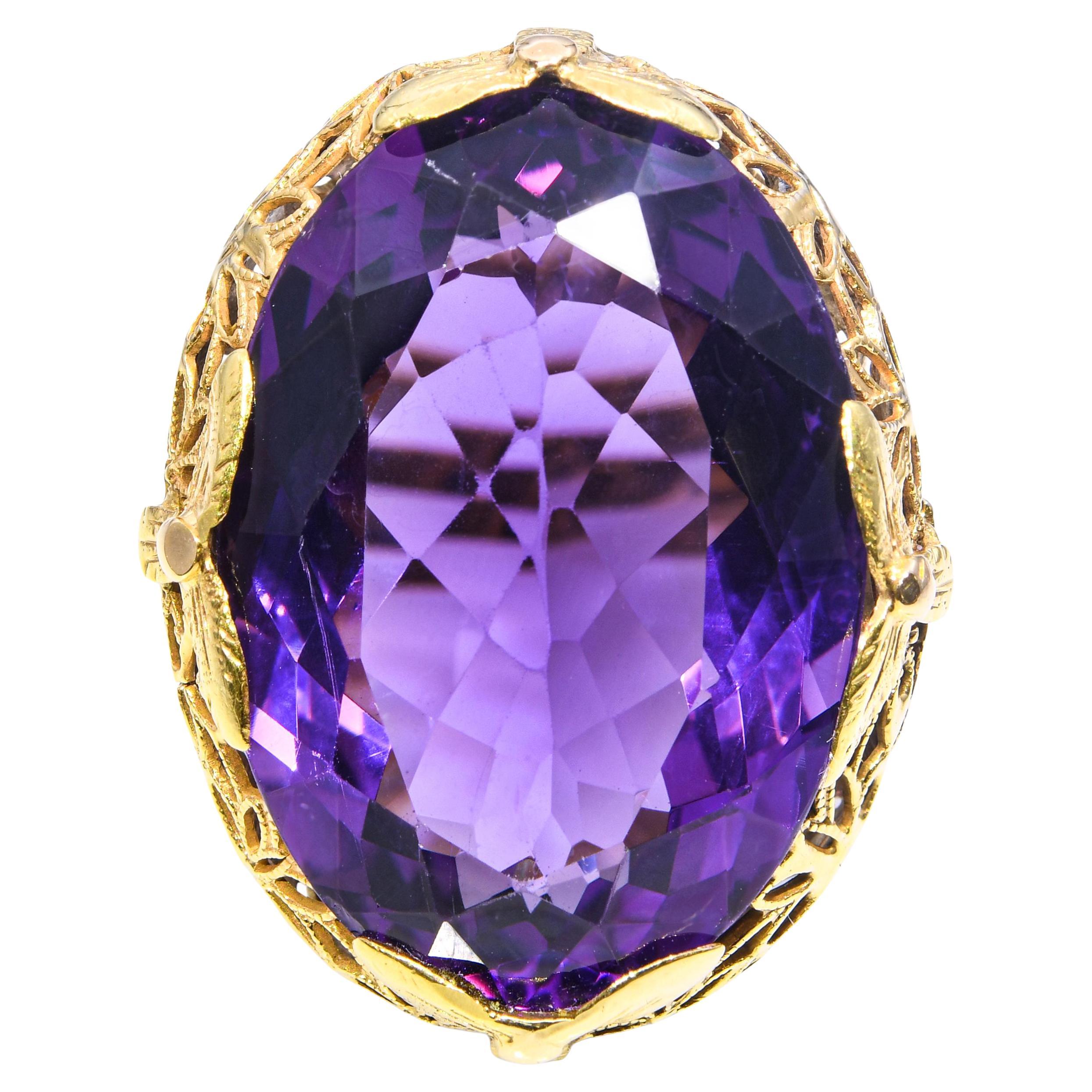 Vintage 18k Gelbgold Art Deco 29,5ct Amethyst Filigran Cocktail Ring