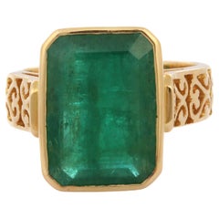  18K Yellow Gold Art Deco Style 6.88 ct Natural Emerald Filigree Cocktail Ring 