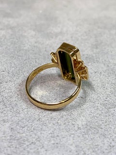 Vintage 18K Yellow Gold Art Deco Inspired Long Green Tourmaline & Diamond Ring
