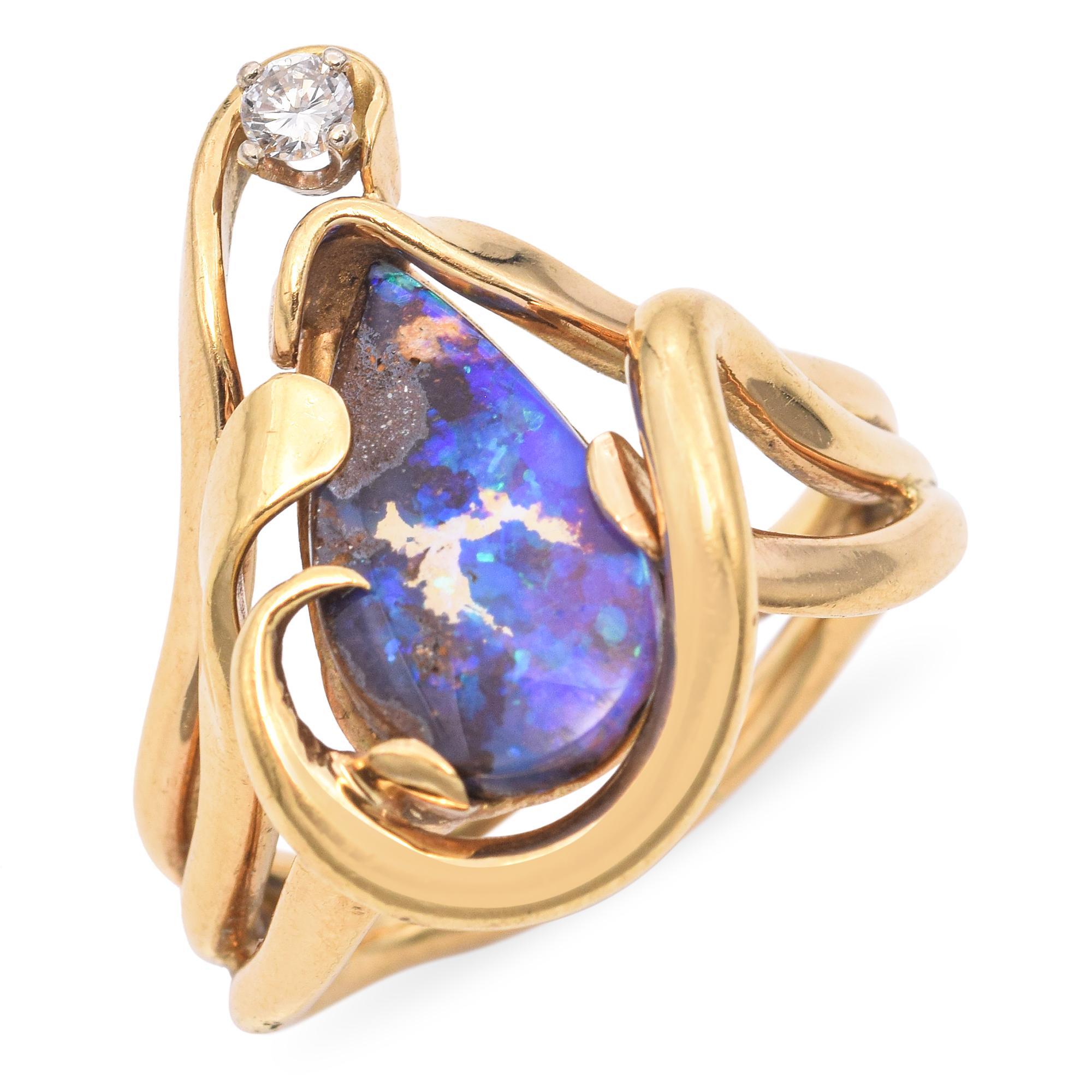 Vintage 18k Yellow Gold Australian Boulder Opal Ring For Sale 1