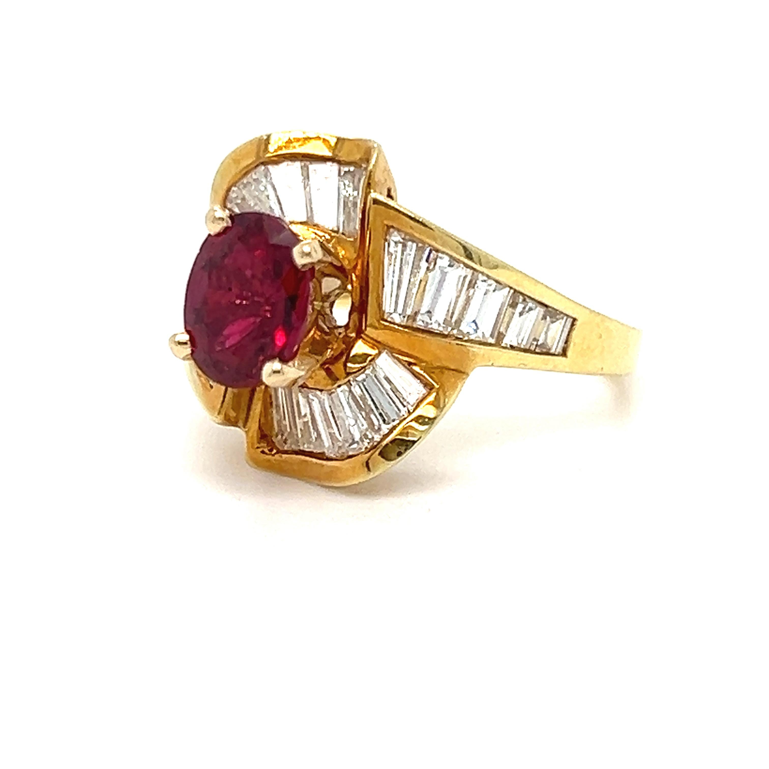 Modern Vintage 18K Yellow Gold Baguette Diamond and Natural Ruby Ring with GIA Cert. For Sale