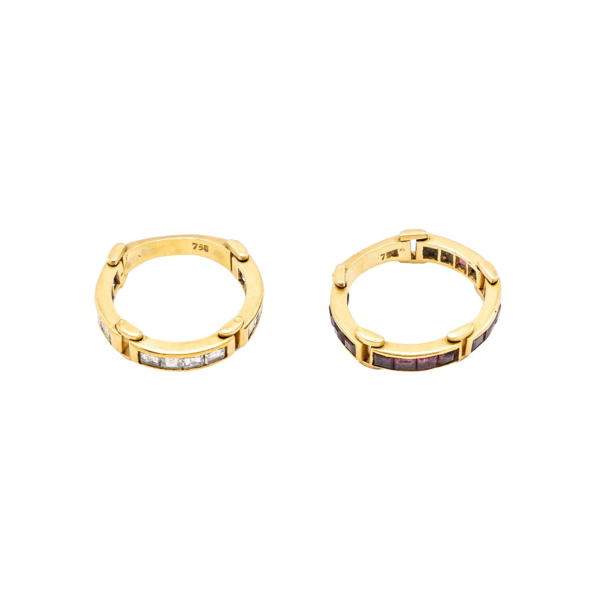 Bague vintage raffinée en or jaune 18 carats, pesant 4,8 grammes et présentant un sertissage en canal sans soudure de rubis taillés en carré. Le design architectural offre une ligne continue de riches pierres rouges, visibles à la fois à l'extérieur